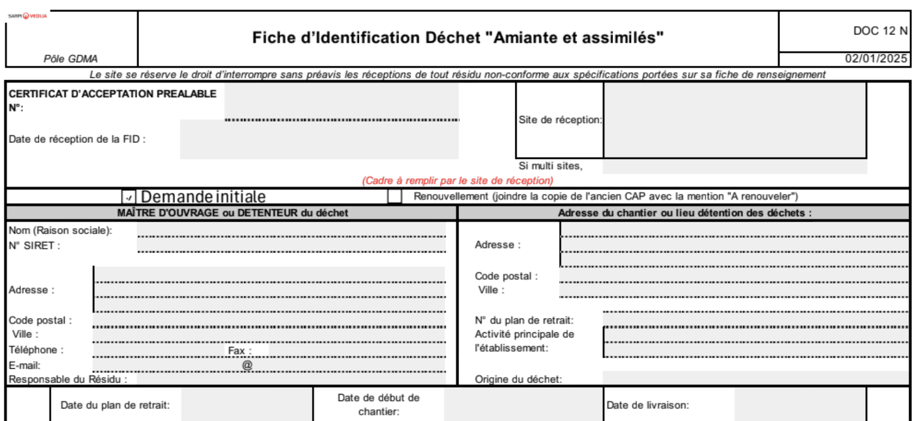 Fiche d'identification déchet à remplir à la main
