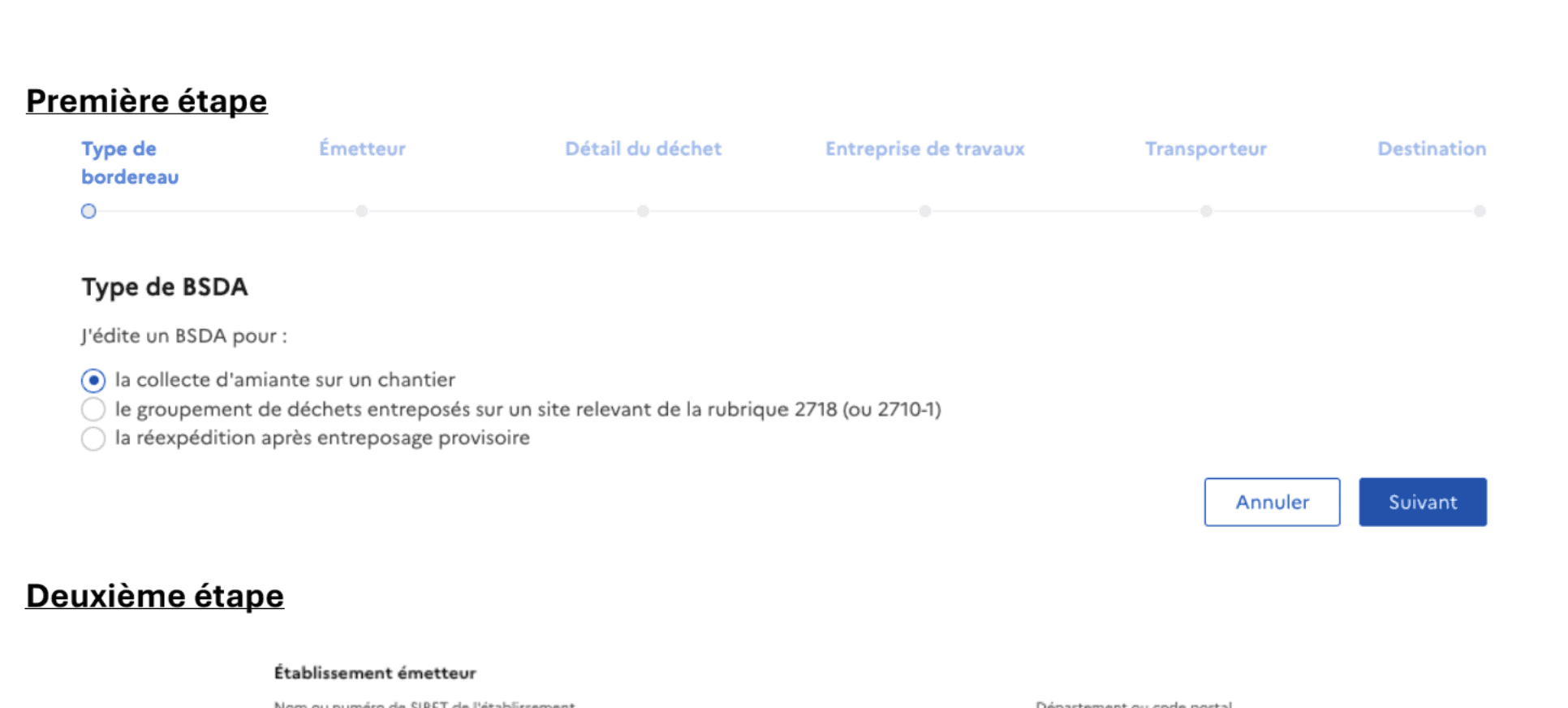 Création manuelle d'un bordereau sur le site gouvernemental
