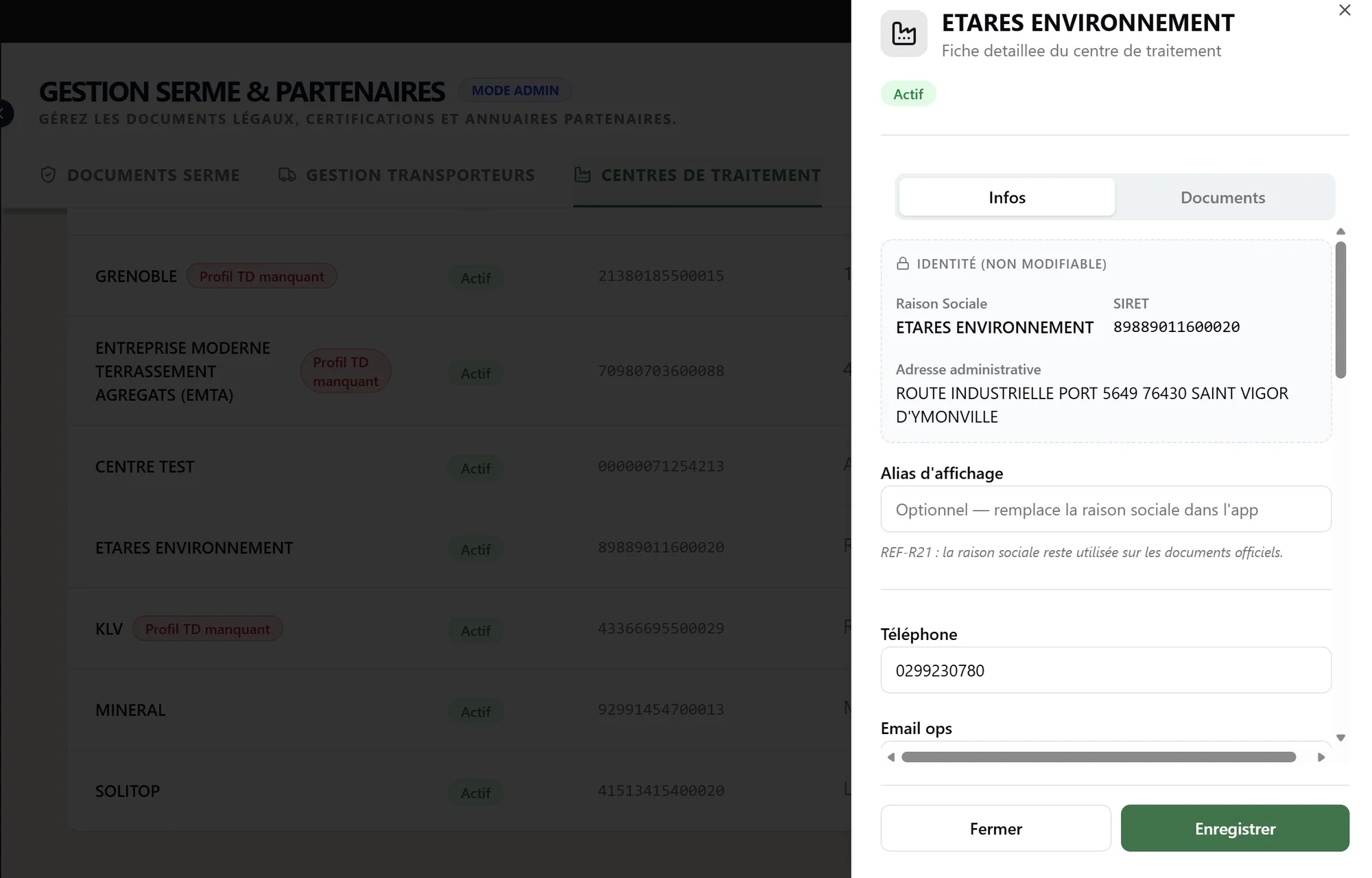 Fiche d'un centre de traitement partenaire (interface entreprise)