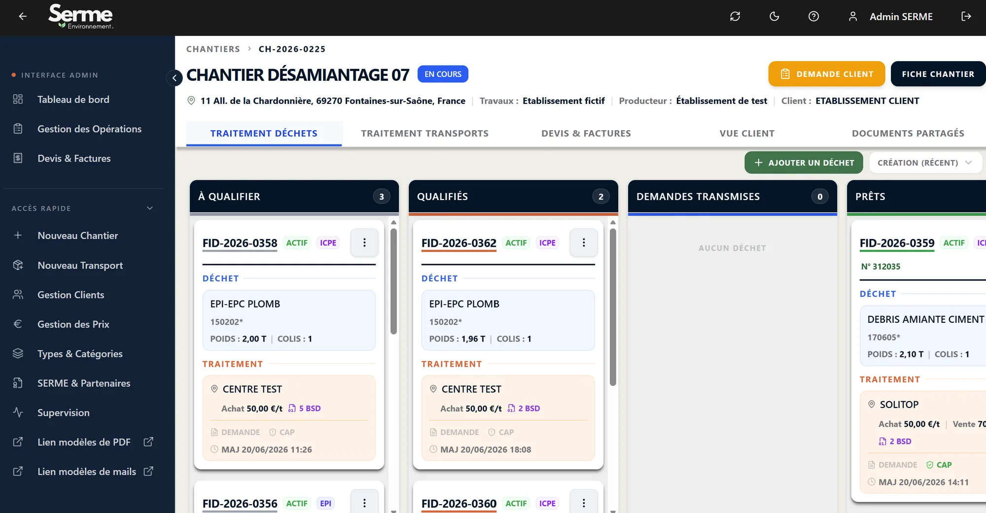 Workflow de traitement des déchets d'un chantier (interface entreprise)