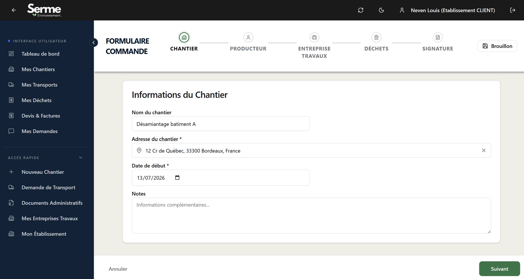Formulaire de demande de chantier