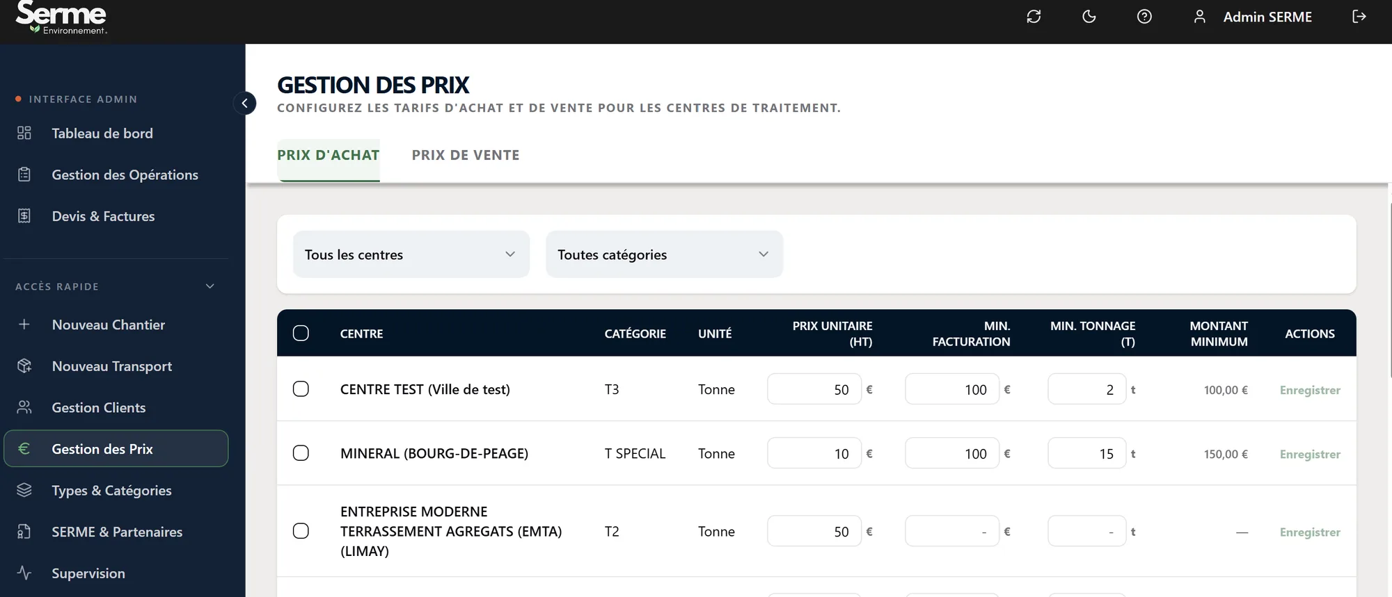 Gestion des prix achat/vente (interface entreprise)