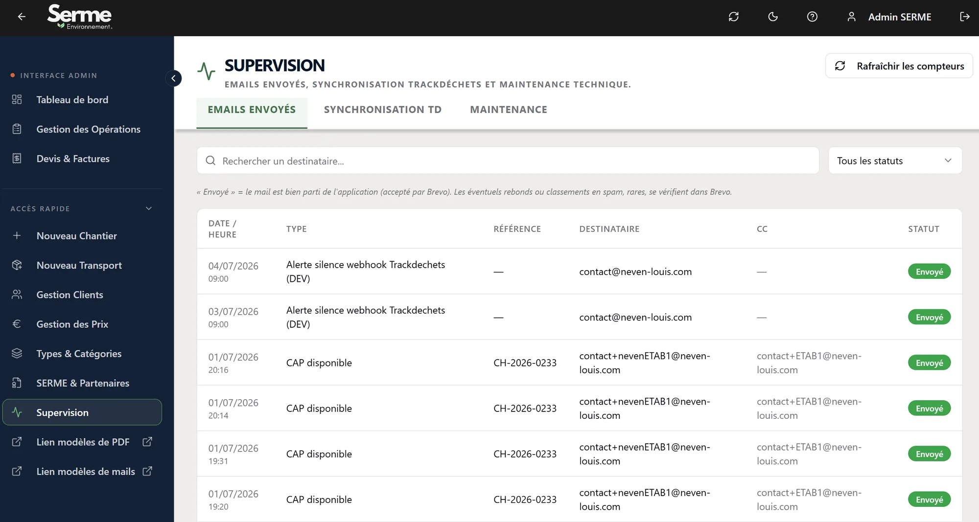 Journalisation des emails automatiques (interface entreprise)