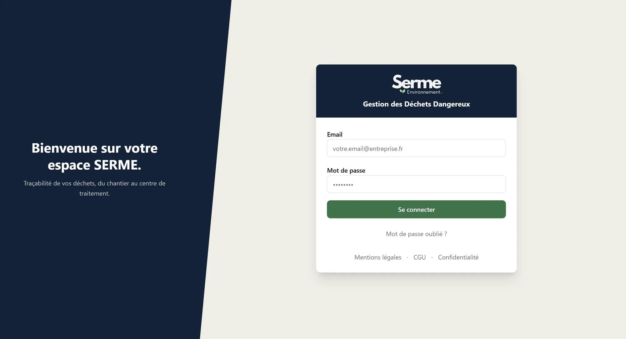 Écran de connexion de l'espace client SERME