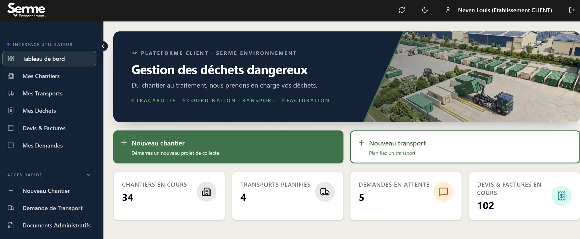 Tableau de bord du portail client