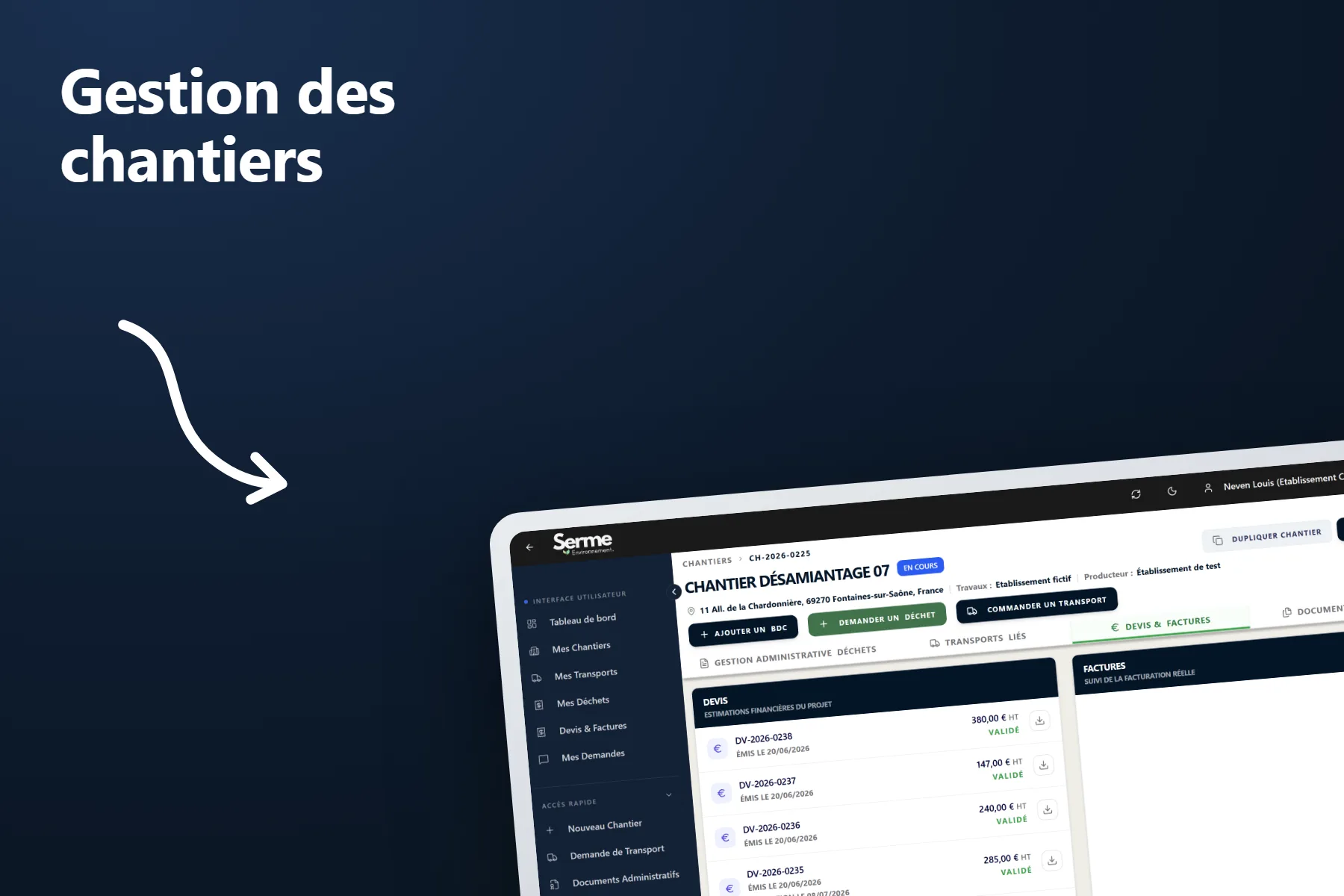 Interface de gestion de chantiers.