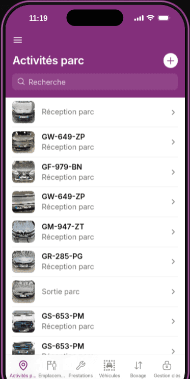 Application mobile : liste des dernières entrées / sorties de véhicules sur parc