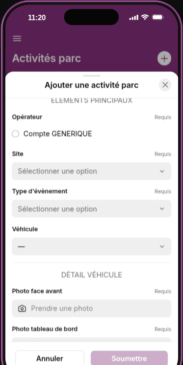 Application mobile : formulaire d'enregistrement d'une entrée / sortie