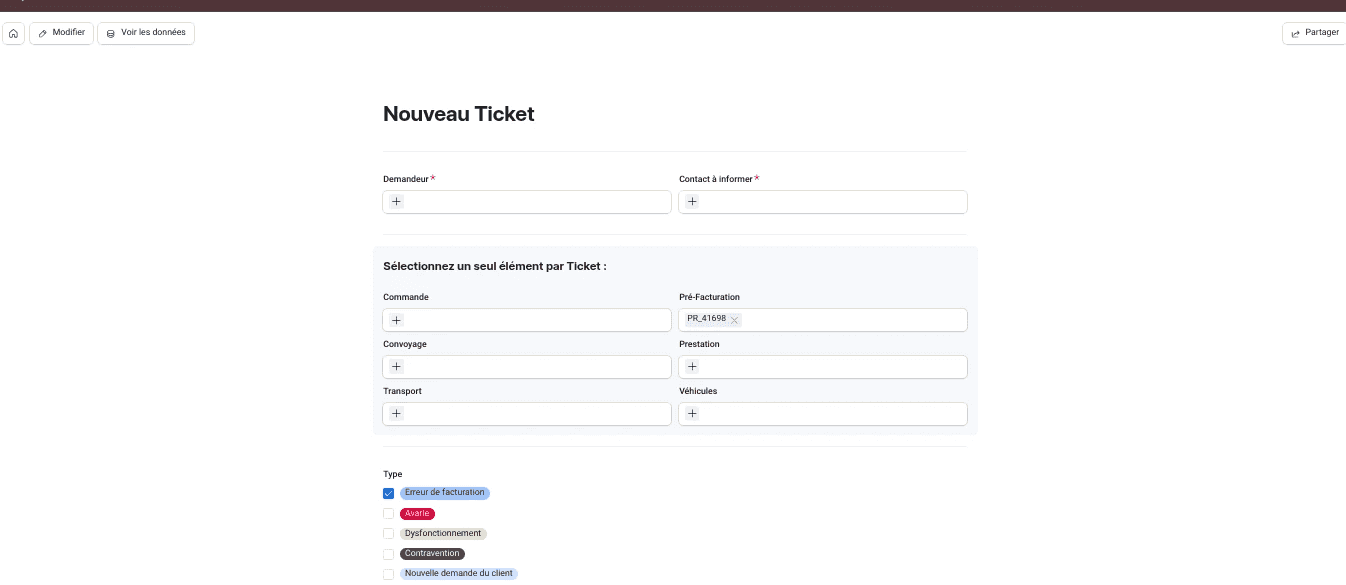Formulaire de création d'un ticket