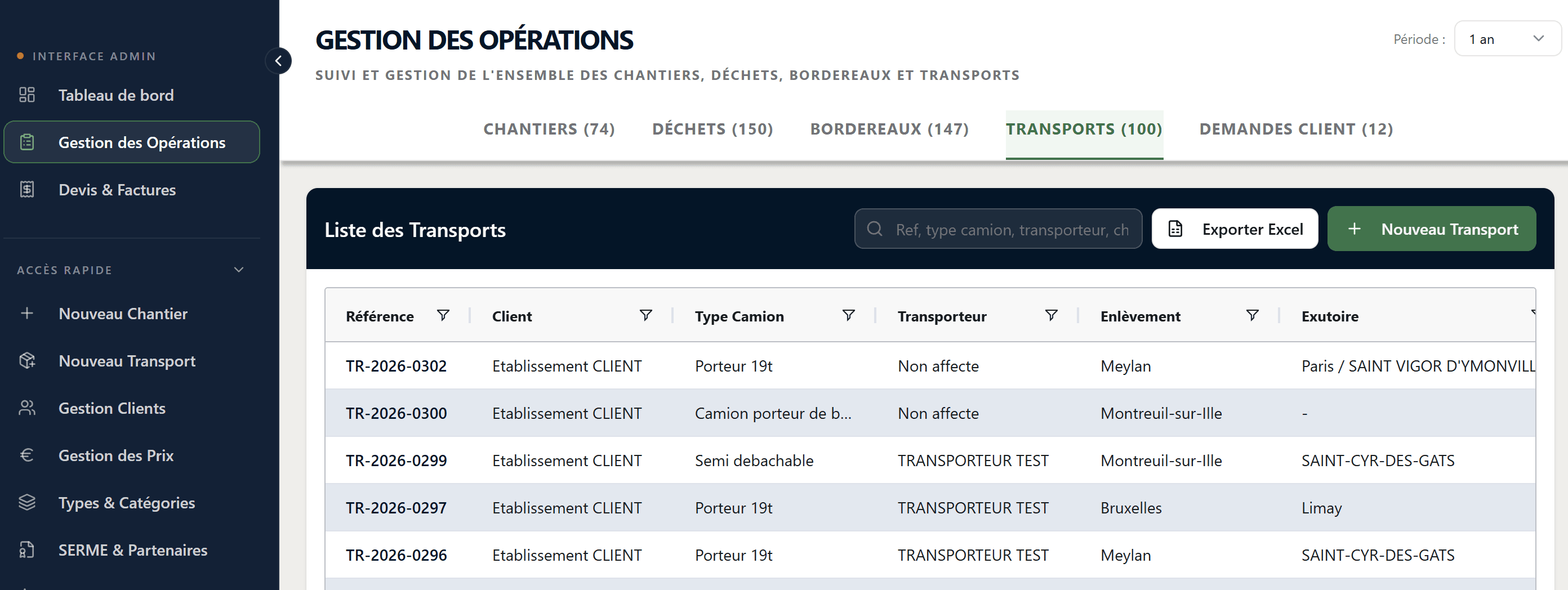 Capture de l'interface : Suivi des projets