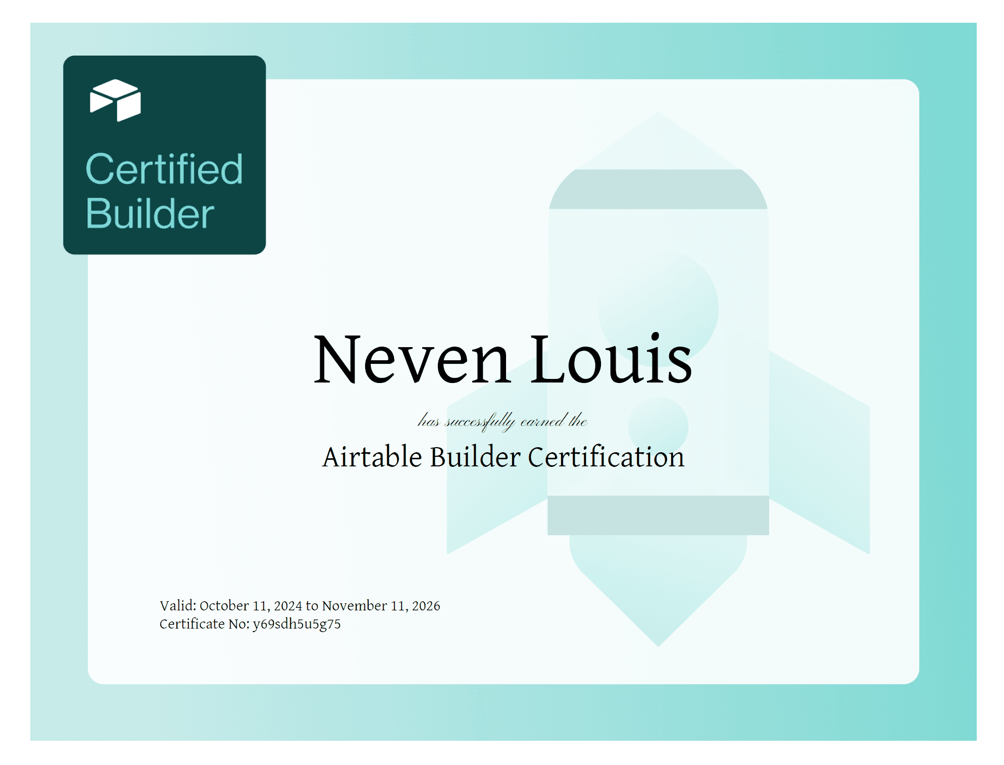 Certificat Airtable Builder Certification au nom de Neven Louis.