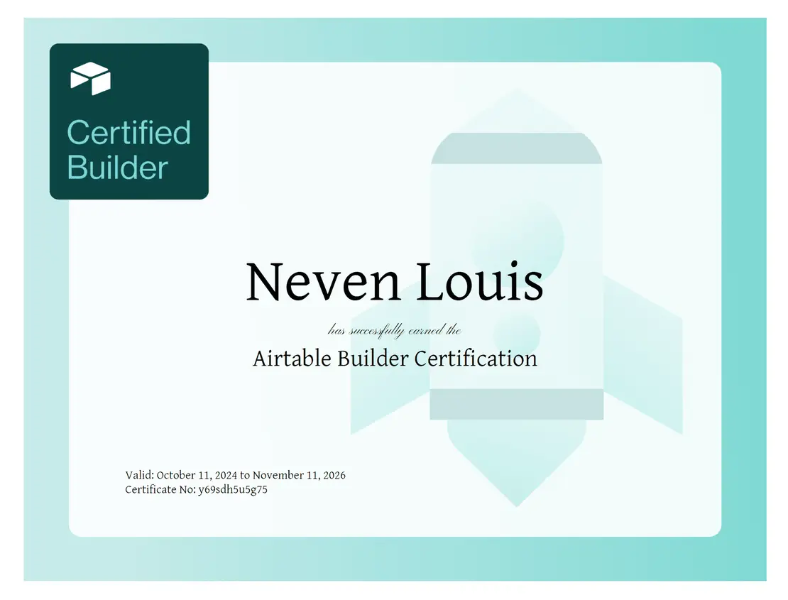 Certificat Airtable Builder Certification au nom de Neven Louis.