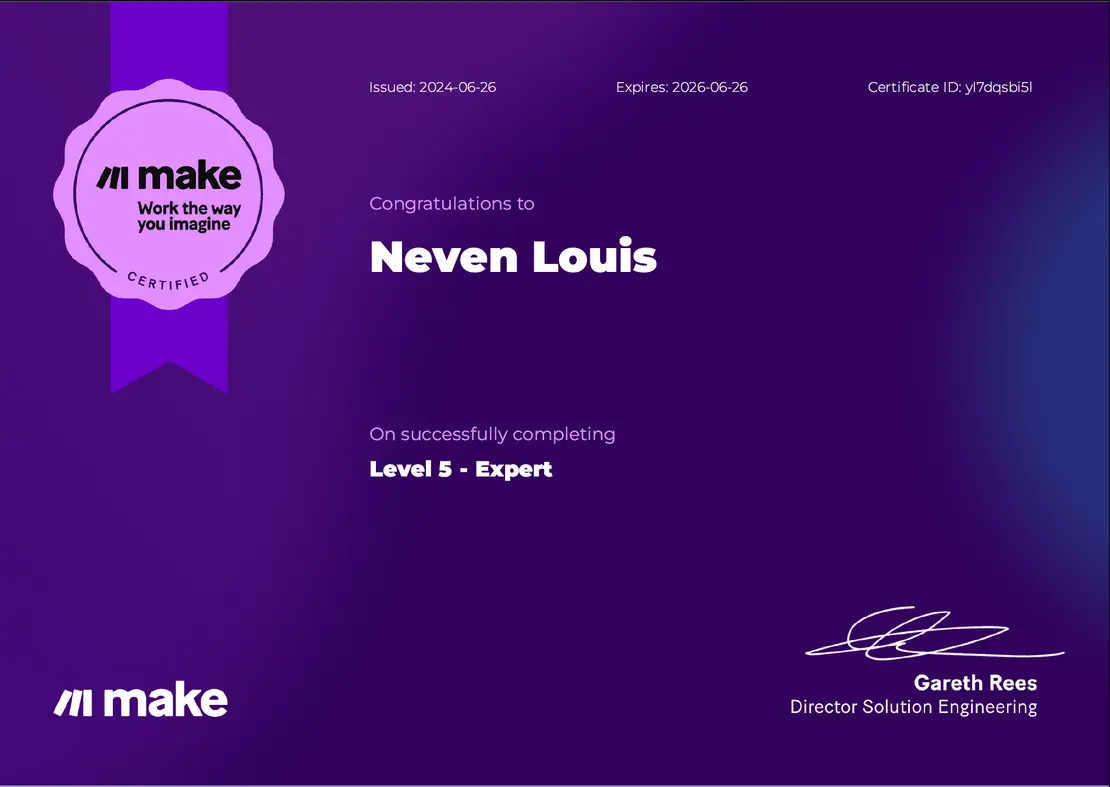 Certificat Make Level 5 - Expert au nom de Neven Louis.