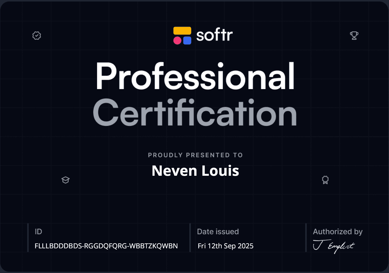Certificat Softr Professional Certification au nom de Neven Louis.