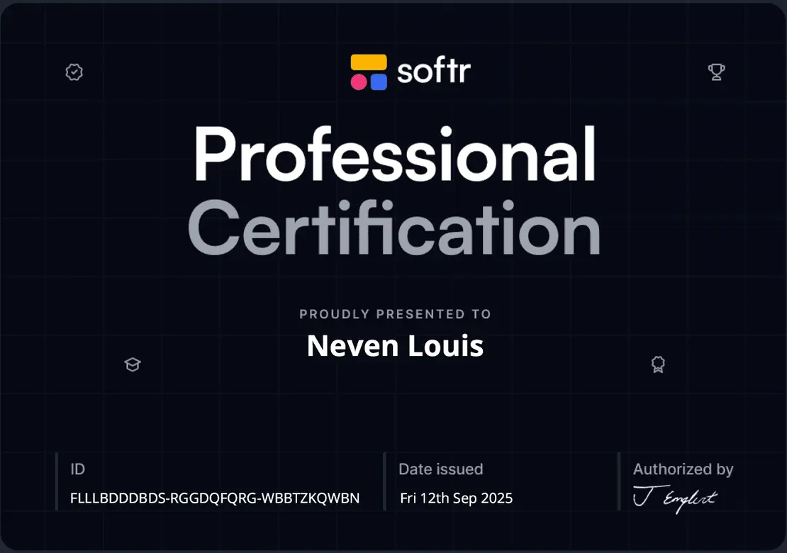 Certificat Softr Professional Certification au nom de Neven Louis.