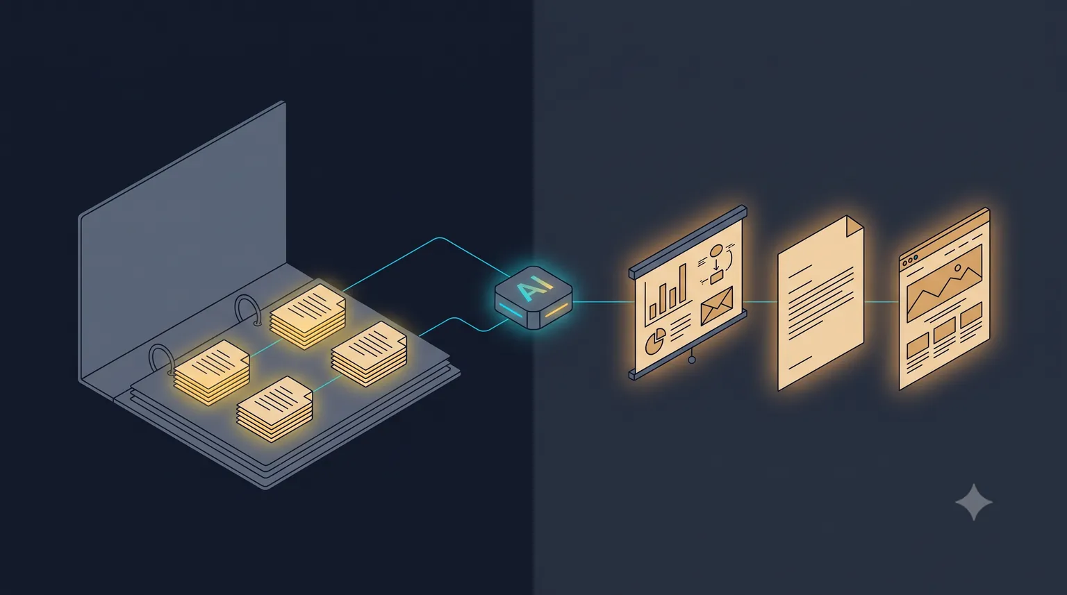 Schéma : un classeur de quatre piles de documents alimente un module IA, qui produit une présentation commerciale, un courrier et une page web